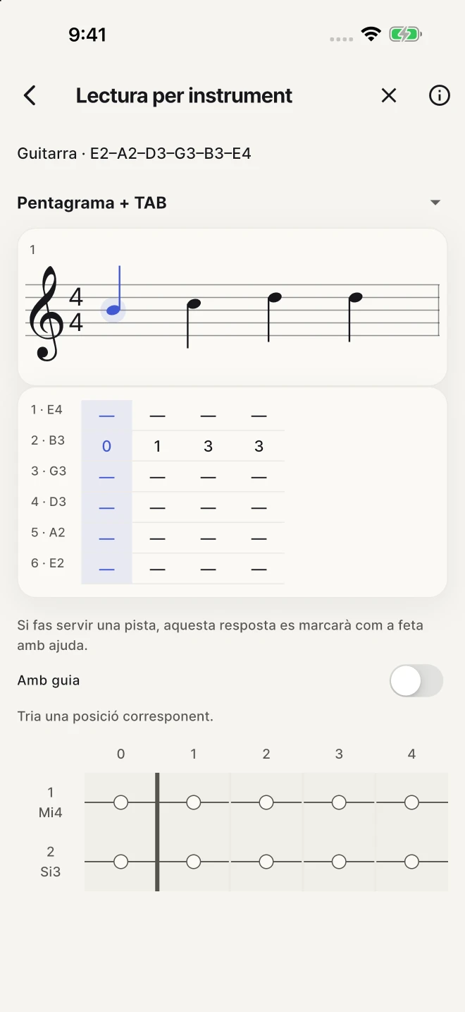 Troba la corda i el trast que corresponen a la nota escrita.