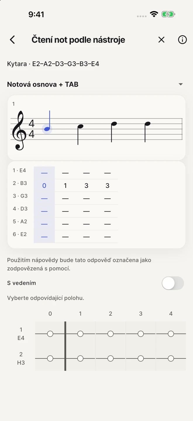 Přiřazujte zapsané noty ke strunám a pražcům na obrazovce.