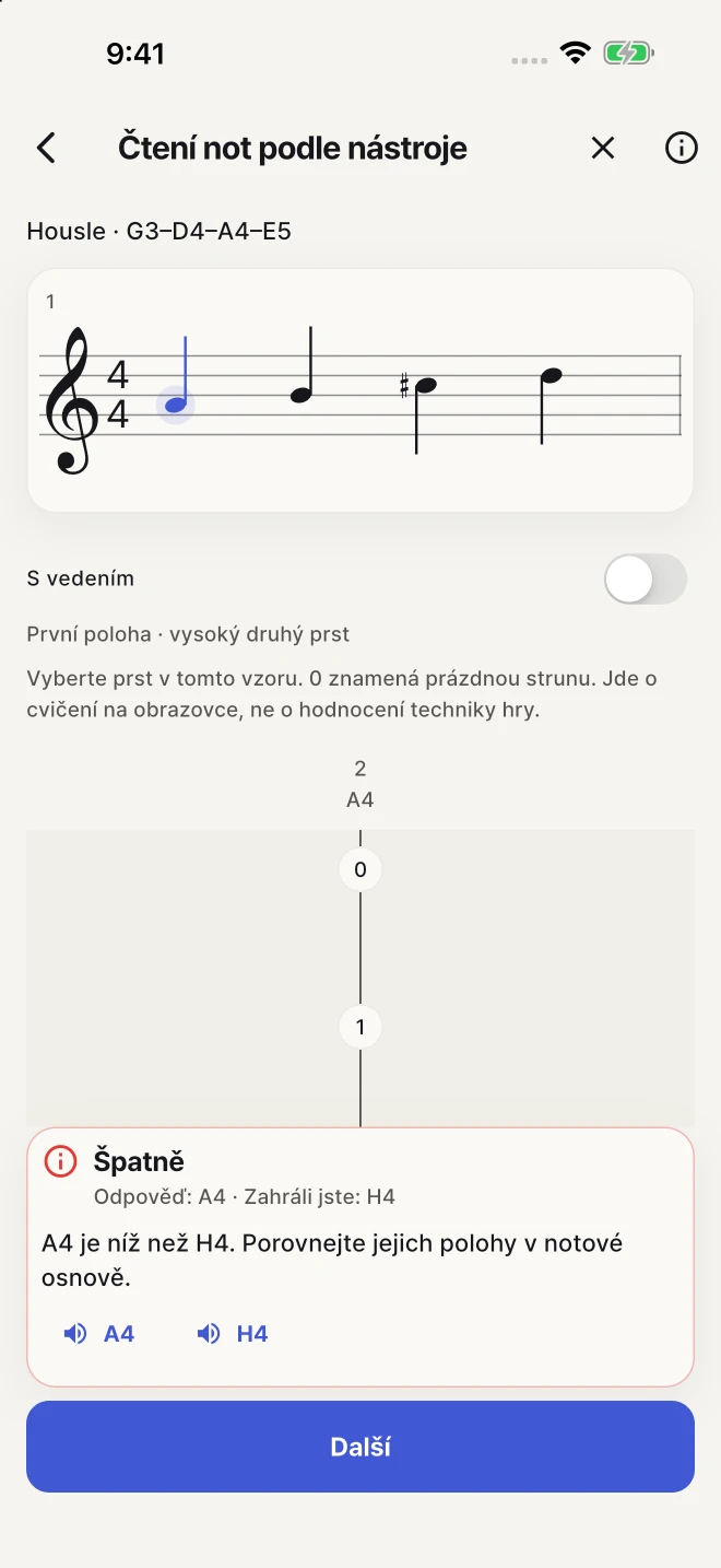 Vracívejte se k chybám a procvičujte vybrané noty vlastním tempem.