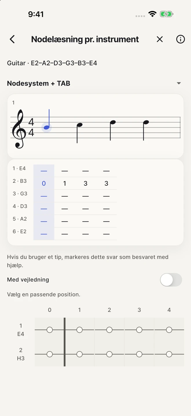 Find den streng og det bånd, der svarer til den noterede tone.