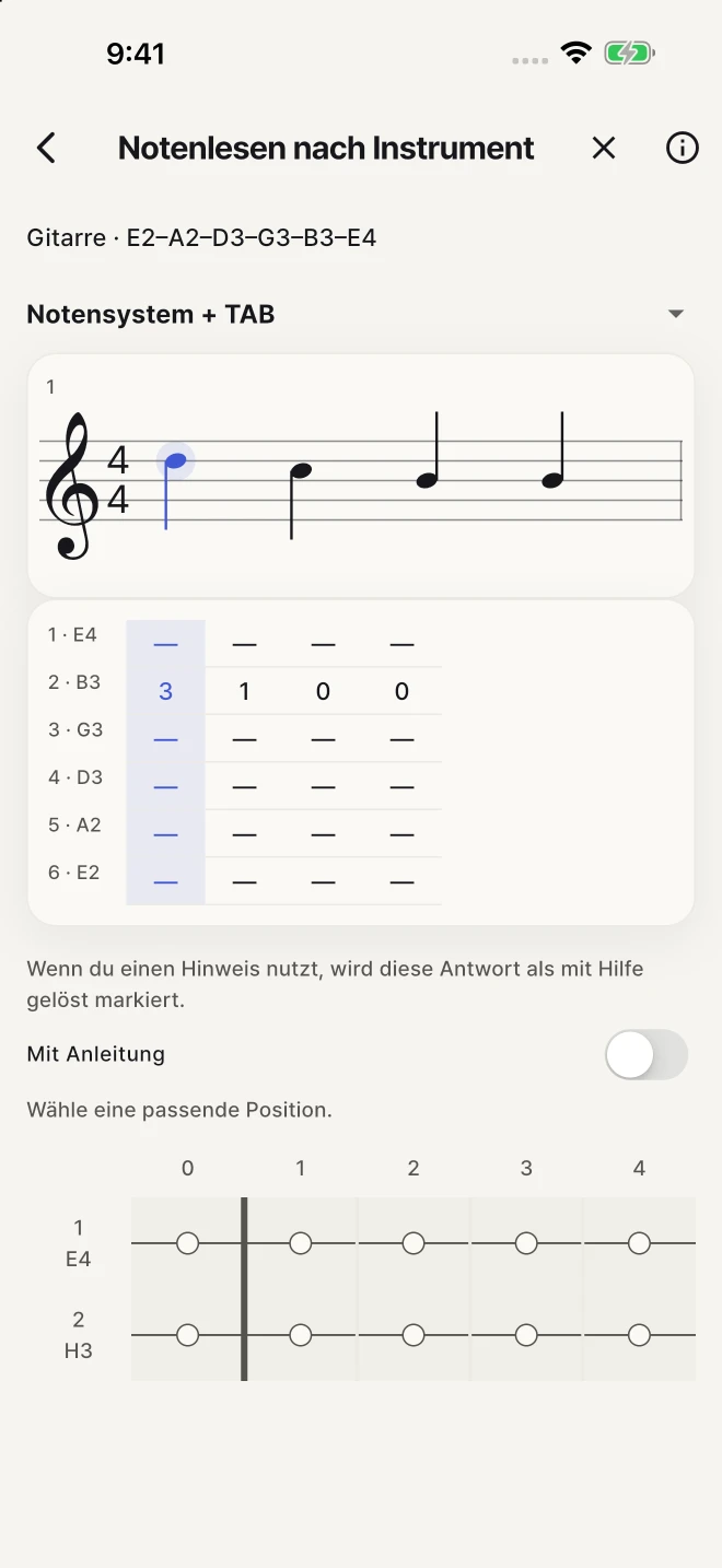 Finde die passende Saite und den passenden Bund zur notierten Note.