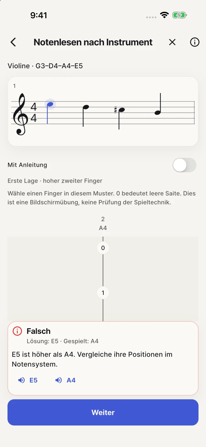 Vergleiche deine Antwort mit der Lösung und übe die Note erneut.