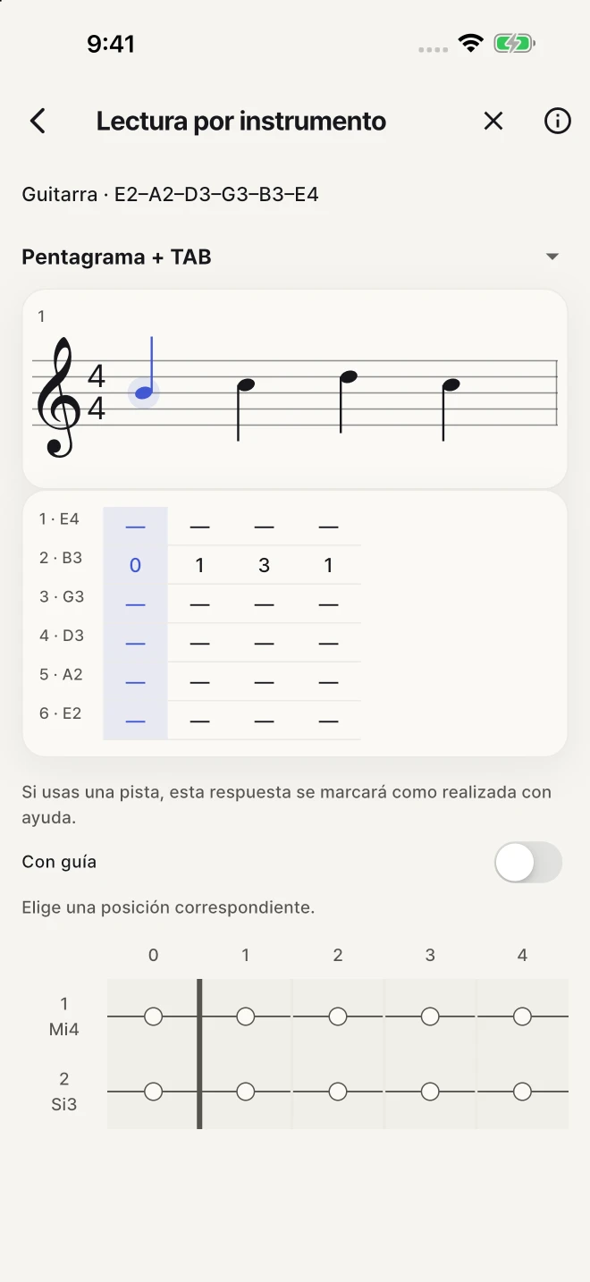 Encuentra la cuerda y el traste que corresponden a la nota escrita.