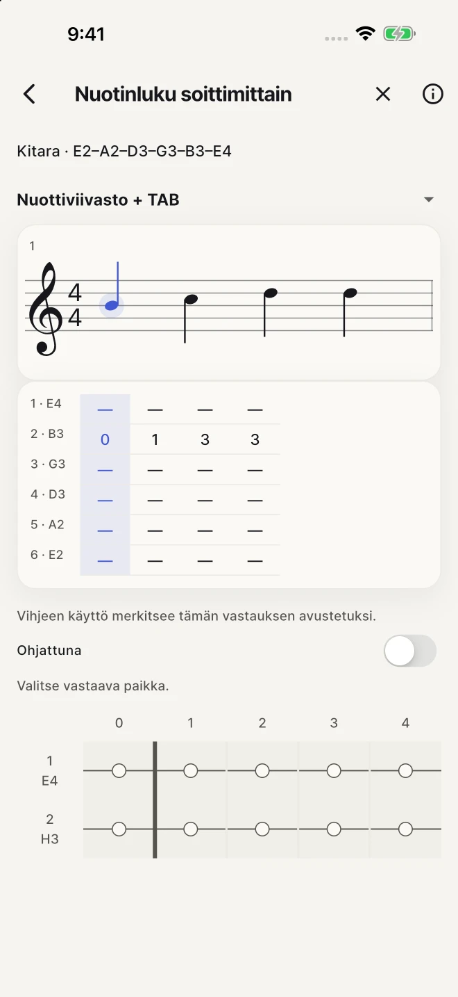 Etsi kirjoitettua säveltä vastaava kieli ja nauha.