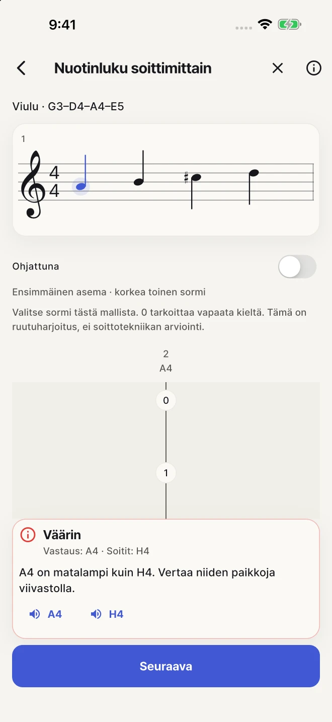 Vertaa vastaustasi oikeaan säveleen ja yritä uudelleen.