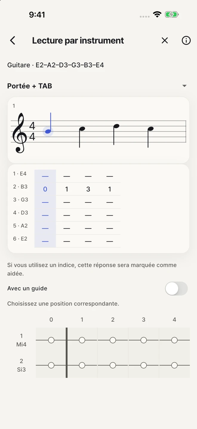 Trouvez la corde et la case qui correspondent à la note écrite.