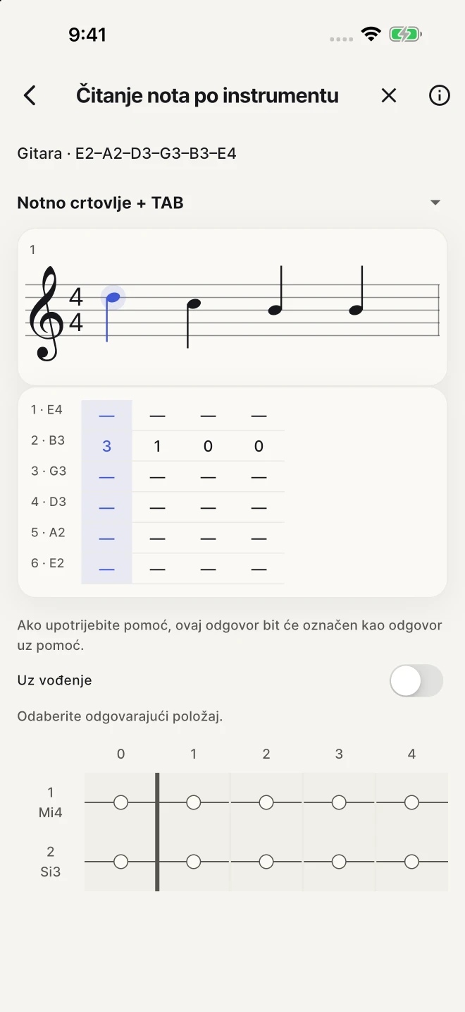 Povežite zapisane note sa žicama i pragovima na zaslonu.