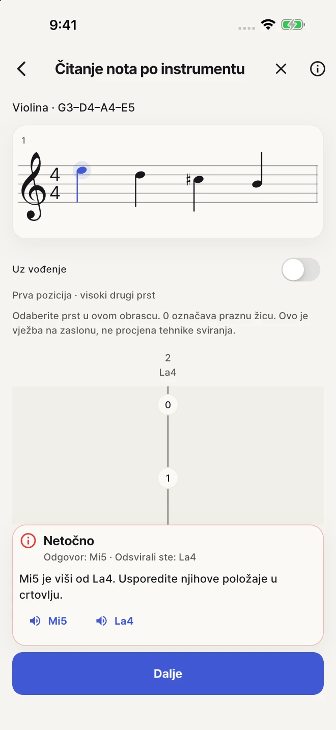 Vratite se pogreškama i vježbajte odabrane note vlastitim tempom.