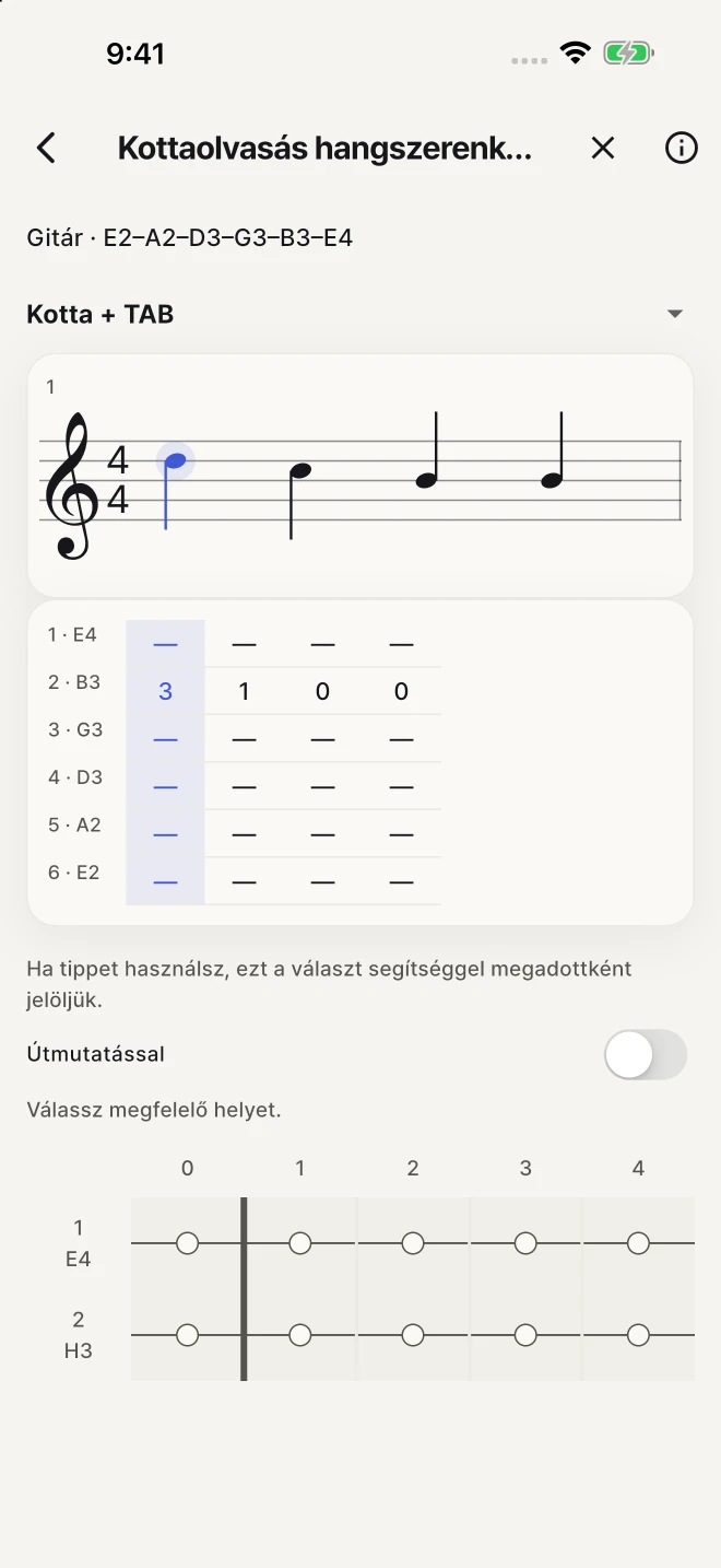 Kapcsold össze a leírt hangokat a képernyő húrjaival és bundjaival.