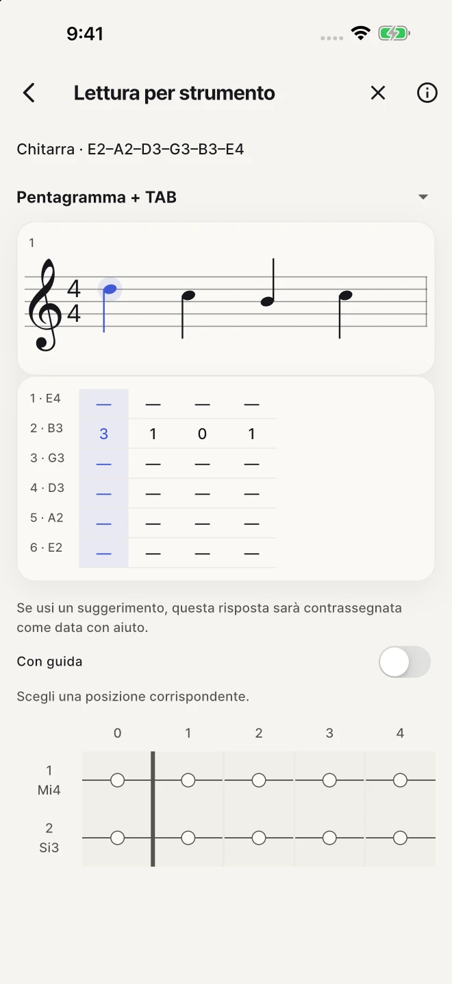 Trova la corda e il tasto corrispondenti alla nota scritta.