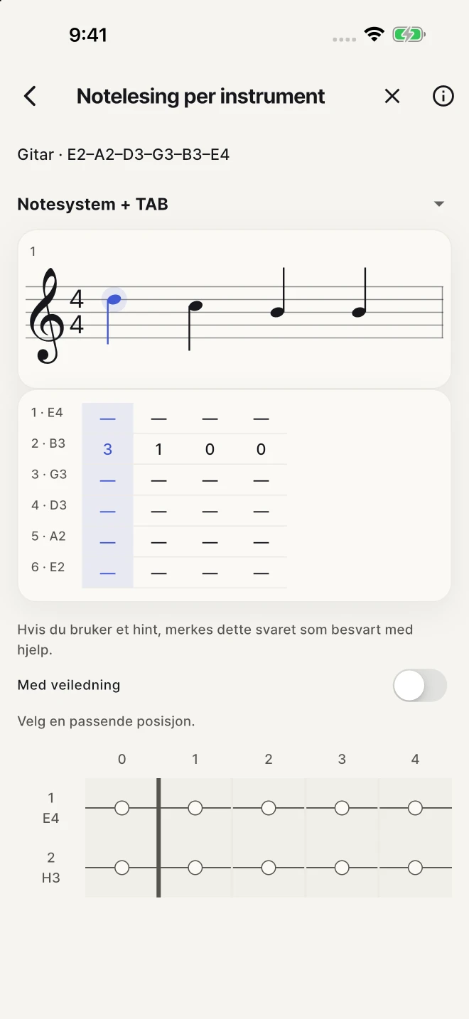 Finn strengen og båndet som svarer til den noterte tonen.
