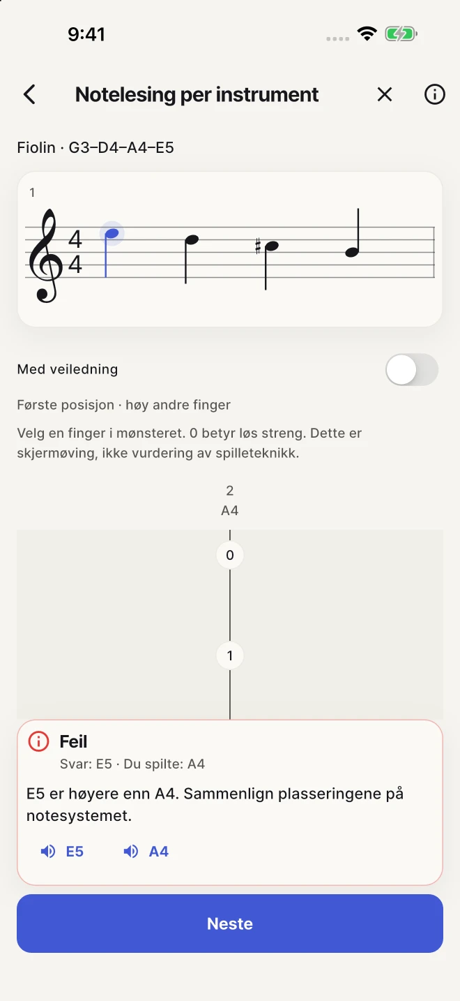 Sammenlign svaret med riktig note og prøv igjen.