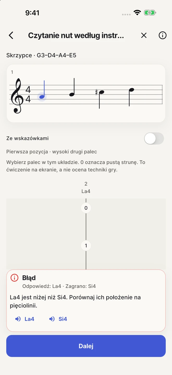 Wracaj do pomyłek i ćwicz wybrane nuty we własnym tempie.
