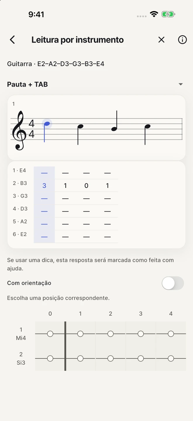 Encontre a corda e o traste que correspondem à nota escrita.