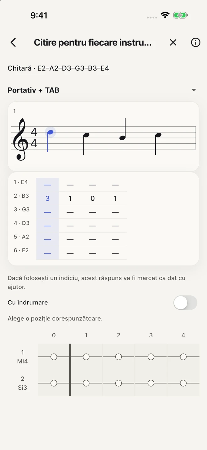 Găsește coarda și tasta care corespund notei scrise.