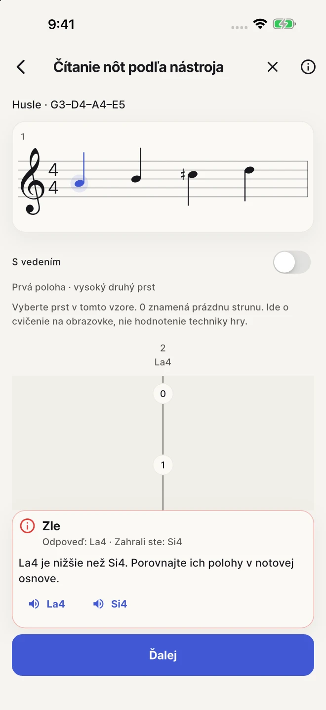 Vracajte sa k chybám a precvičujte vybrané noty vlastným tempom.