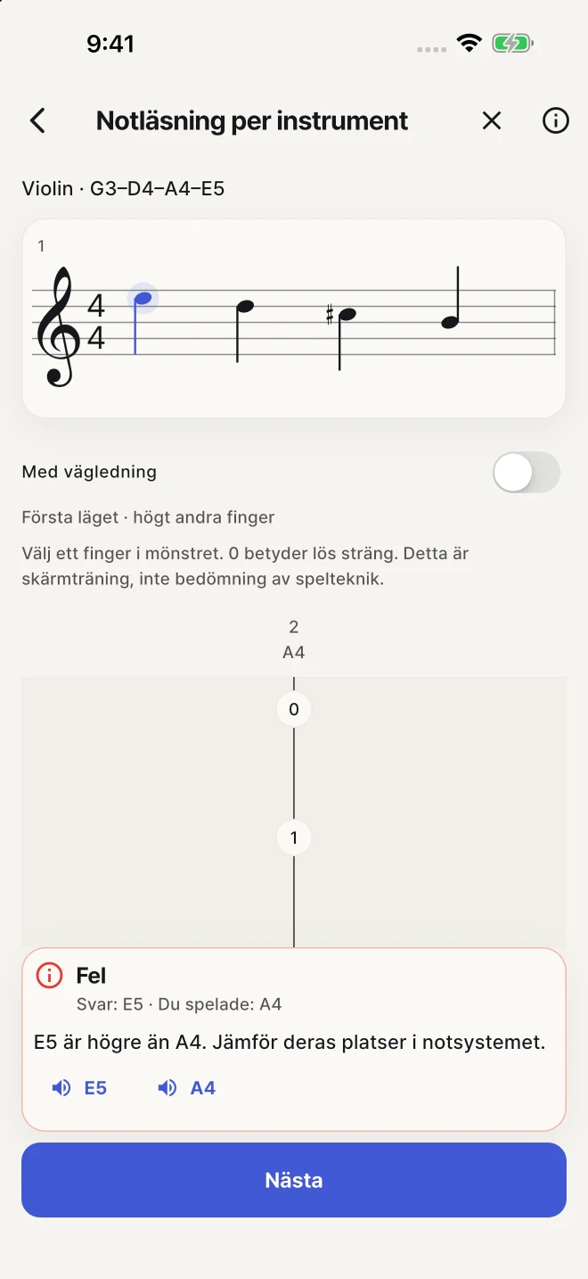 Jämför ditt svar med rätt not och försök igen.