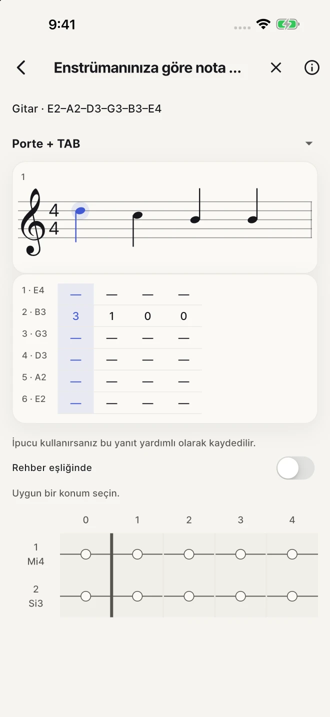 Yazılı notaya karşılık gelen tel ve perdeyi bulun.